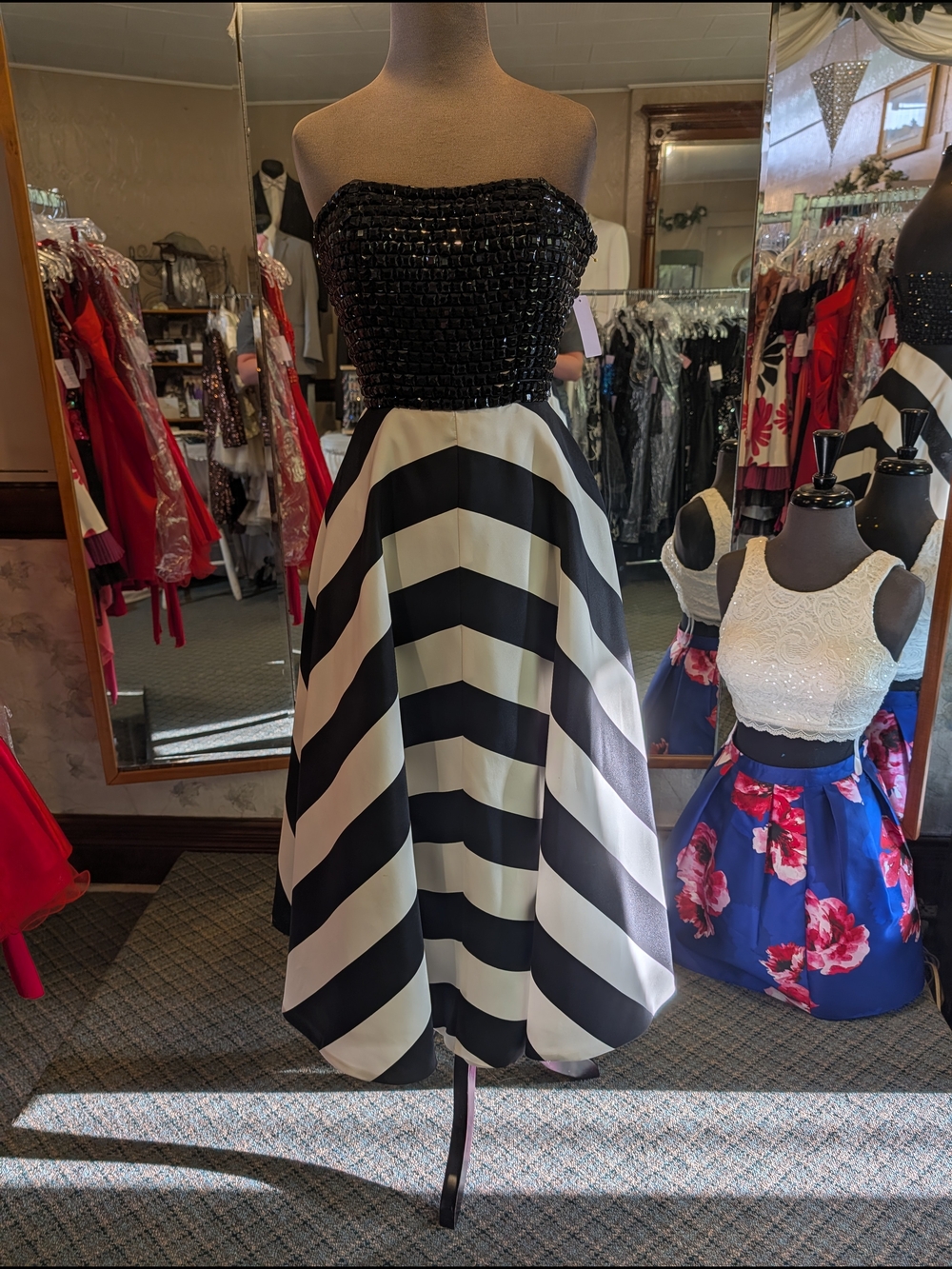 Sherri Hill Black Beaded Bodice with Black and White Striped Midi Skirt
